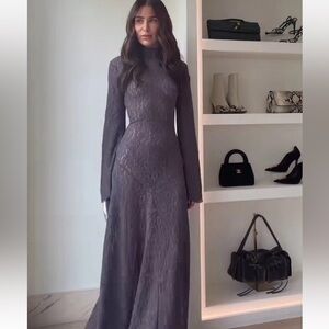 Zara Charcoal Gray Lace High-Neck Long-Sleeve Maxi Dress